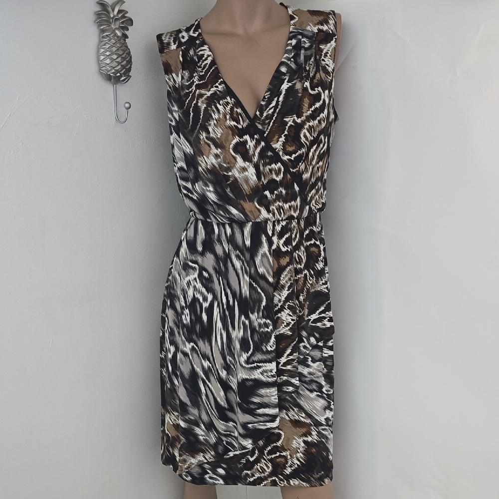 Donna Morgan Black and Brown Animal Print Midi Dress Size 8